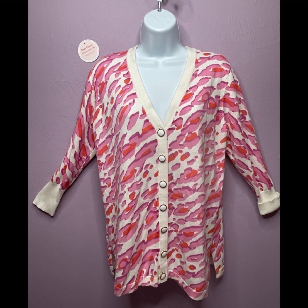 Bob Mackie Wearable Art Pink Animal Print Button-Front Cardigan Size S - Picture 2 of 12